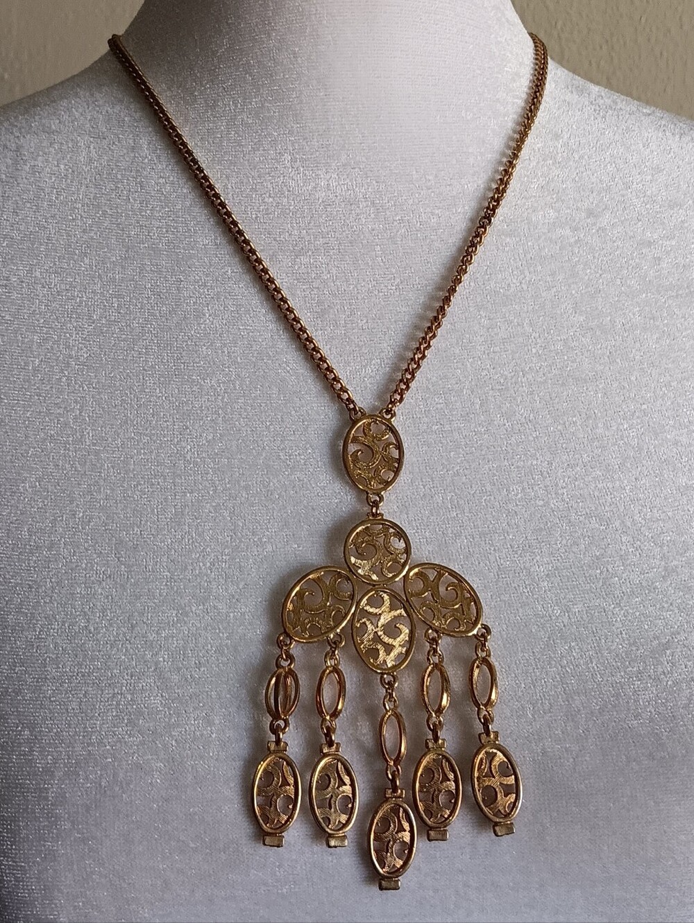 70s Era Goddess Cascading Waterfall Gold Tone Statement Piece Pendant Necklace